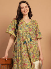 Yellow Floral Print Cotton Maternity Kaftan Nighty