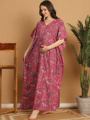 Pink Floral Print Cotton Maternity Kaftan Nighty