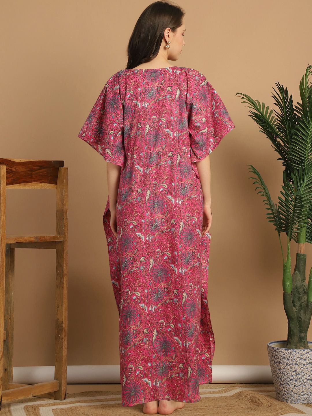 Pink Floral Print Cotton Maternity Kaftan Nighty
