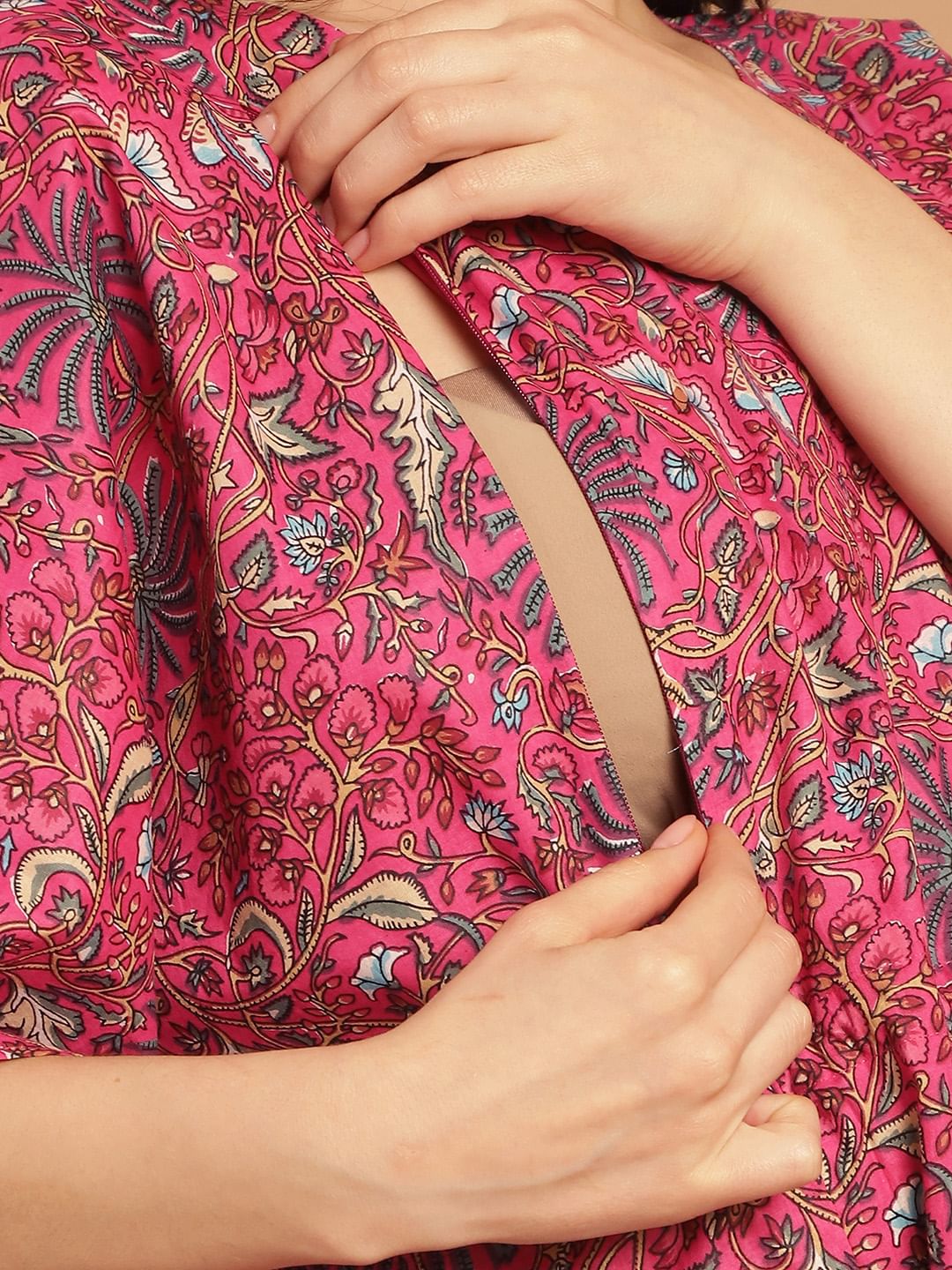 Pink Floral Print Cotton Maternity Kaftan Nighty
