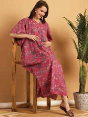 Pink Floral Print Cotton Maternity Kaftan Nighty