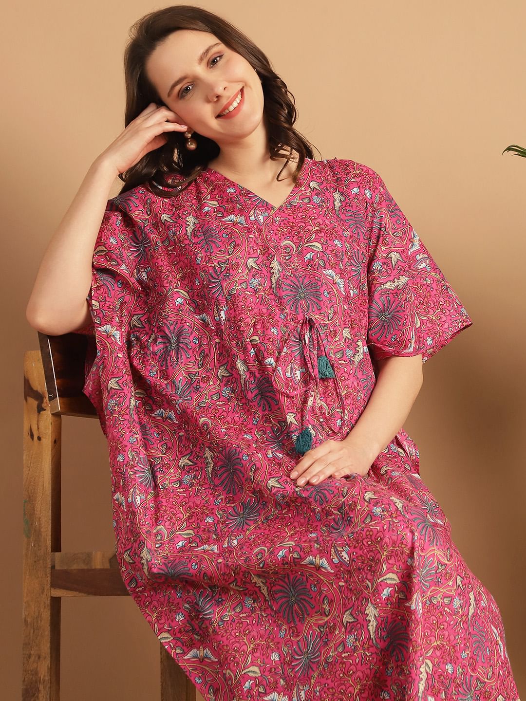 Pink Floral Print Cotton Maternity Kaftan Nighty