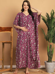 Purple Floral Print Cotton Maternity Kaftan Nighty