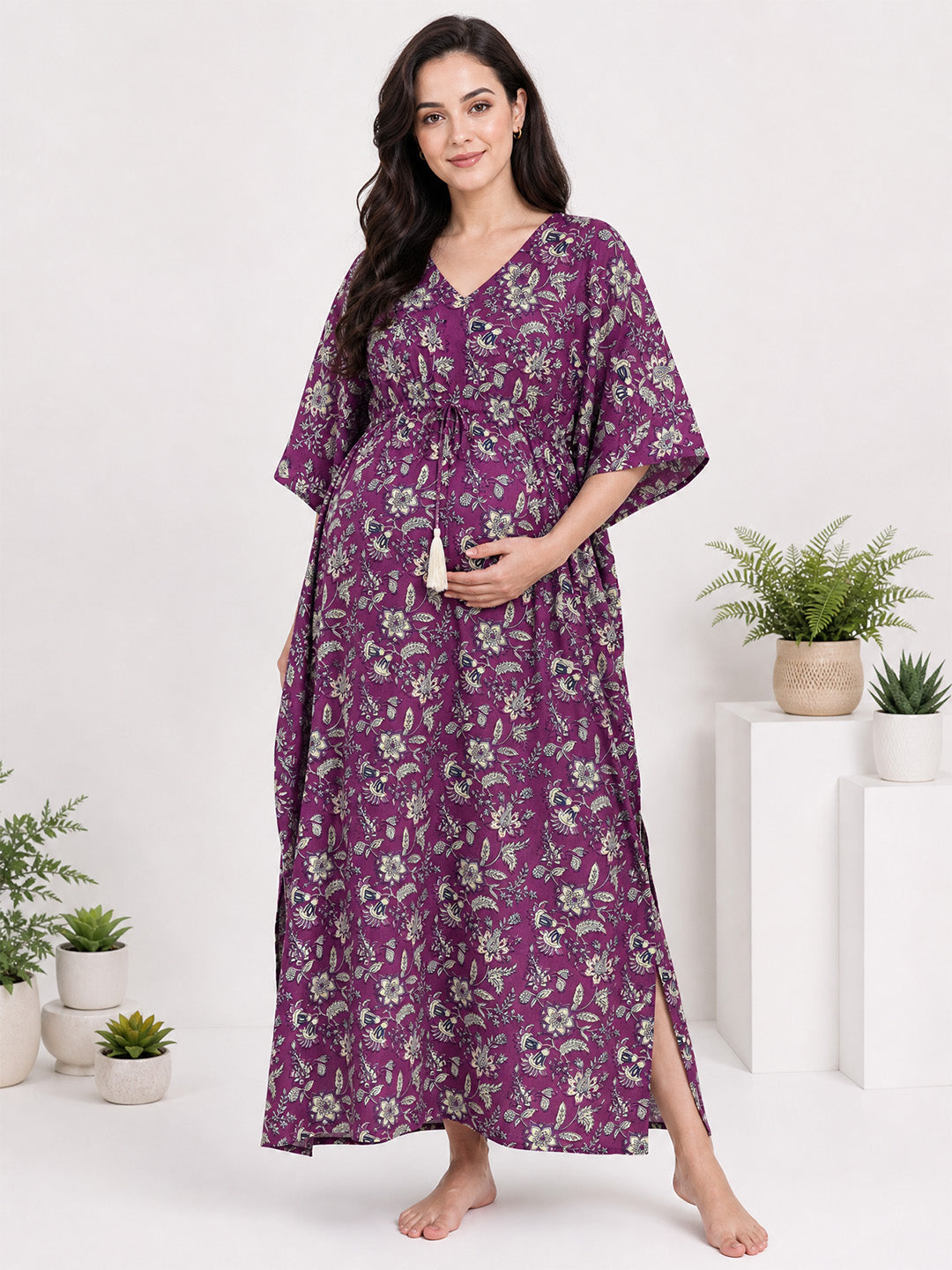 Purple Floral Print Cotton Maternity Kaftan Nighty