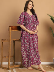 Purple Floral Print Cotton Maternity Kaftan Nighty