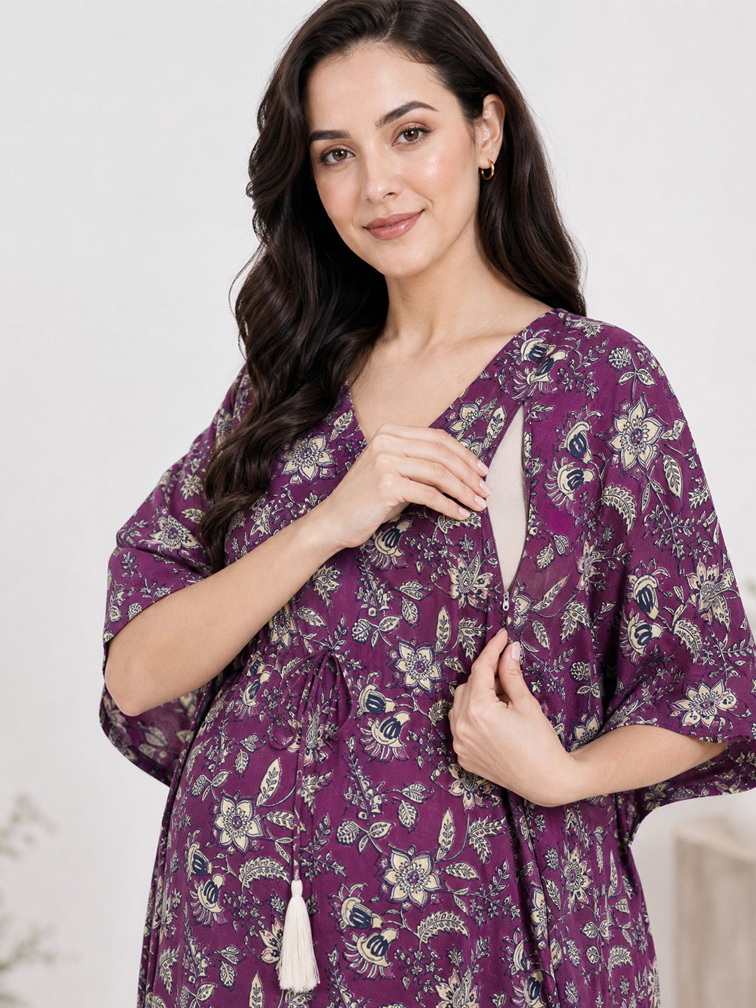 Purple Floral Print Cotton Maternity Kaftan Nighty