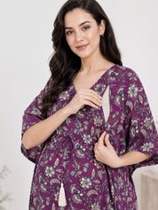 Purple Floral Print Cotton Maternity Kaftan Nighty