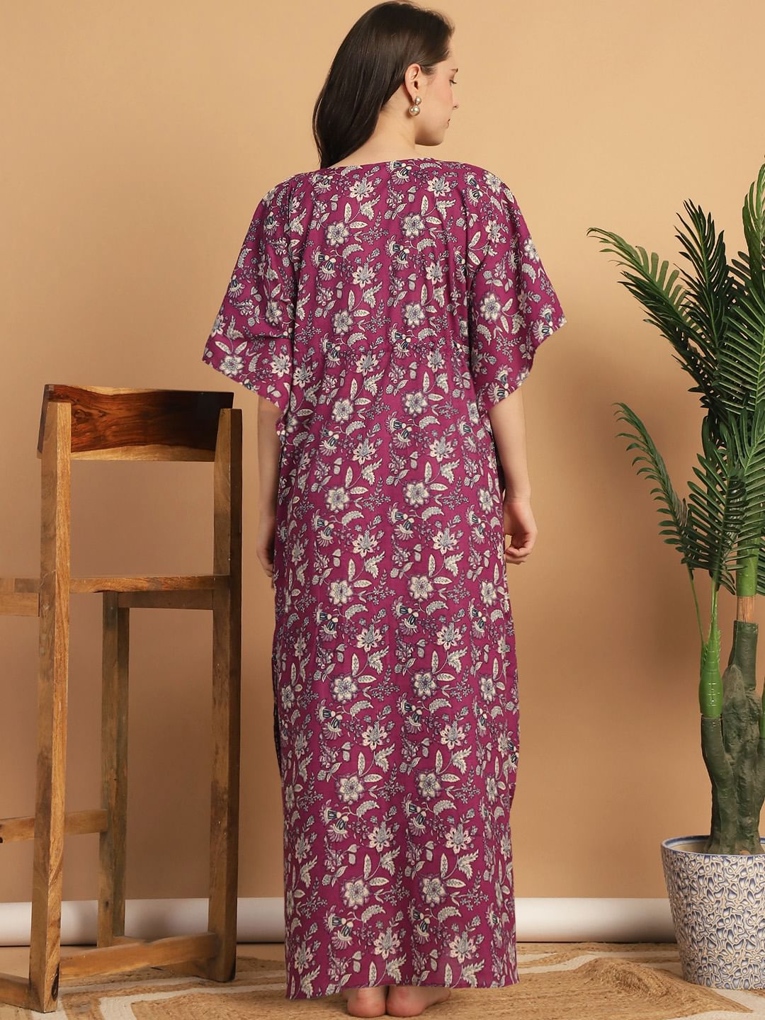 Purple Floral Print Cotton Maternity Kaftan Nighty