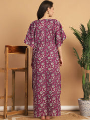 Purple Floral Print Cotton Maternity Kaftan Nighty
