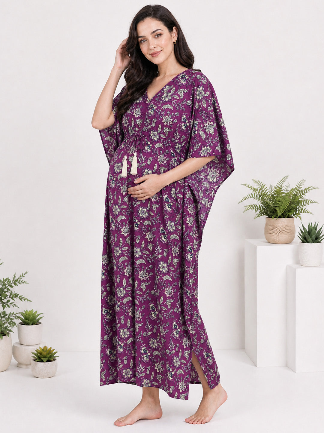 Purple Floral Print Cotton Maternity Kaftan Nighty