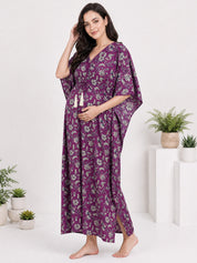 Purple Floral Print Cotton Maternity Kaftan Nighty