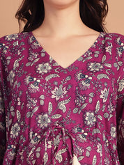 Purple Floral Print Cotton Maternity Kaftan Nighty