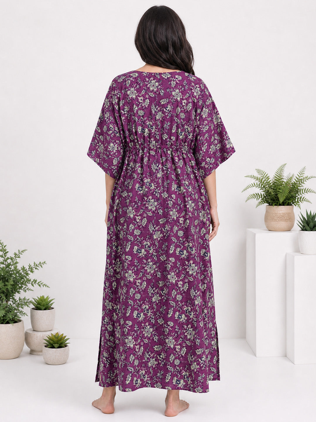 Purple Floral Print Cotton Maternity Kaftan Nighty