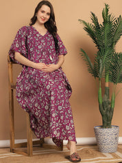 Purple Floral Print Cotton Maternity Kaftan Nighty