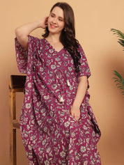 Purple Floral Print Cotton Maternity Kaftan Nighty