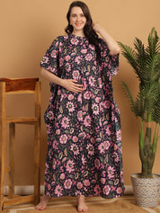 Navy Blue Floral Print Cotton Maternity Kaftan Nighty