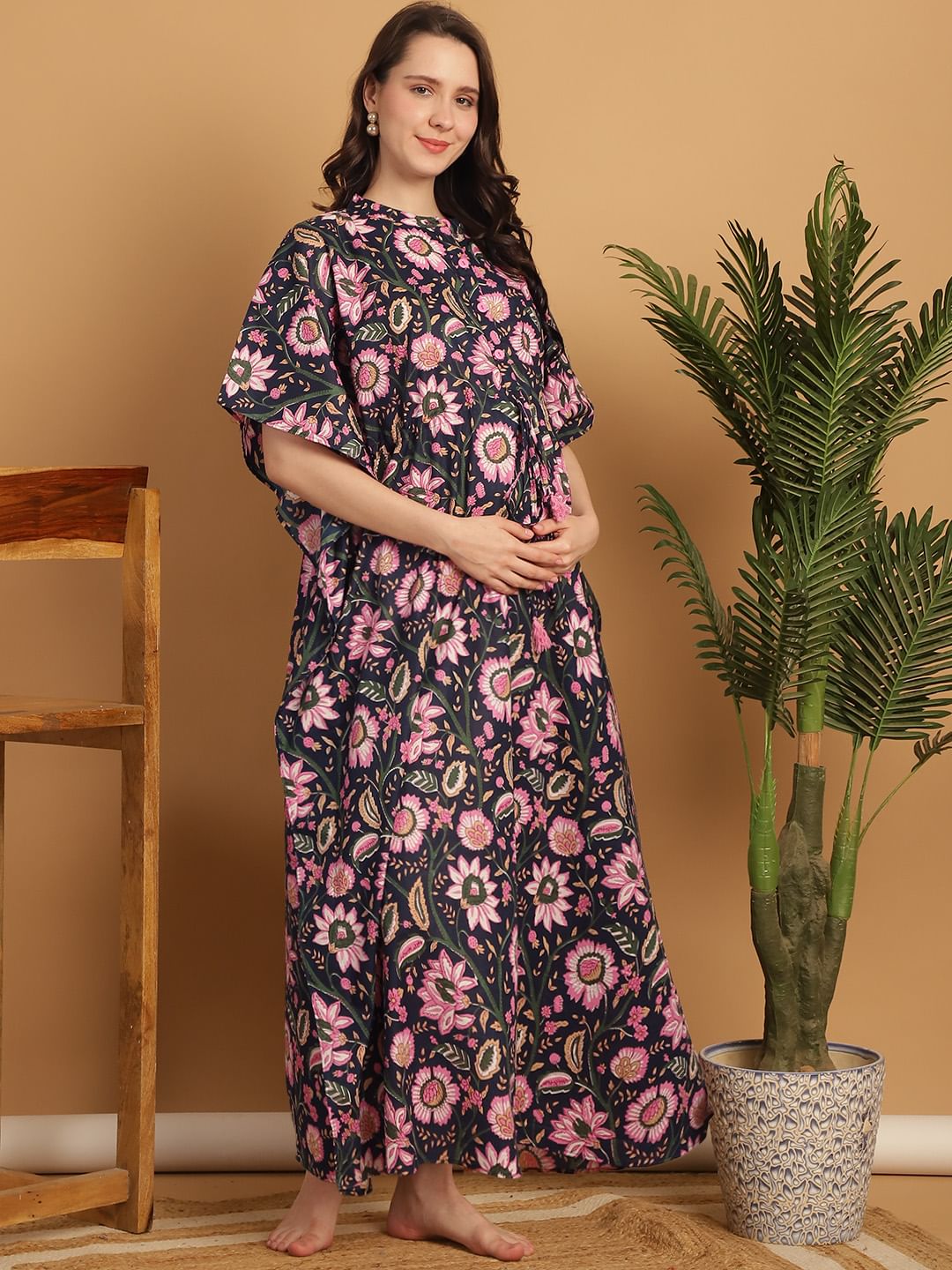 Navy Blue Floral Print Cotton Maternity Kaftan Nighty