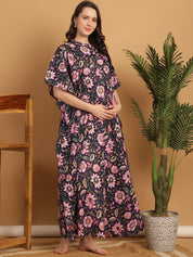 Navy Blue Floral Print Cotton Maternity Kaftan Nighty