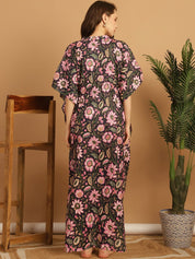 Navy Blue Floral Print Cotton Maternity Kaftan Nighty
