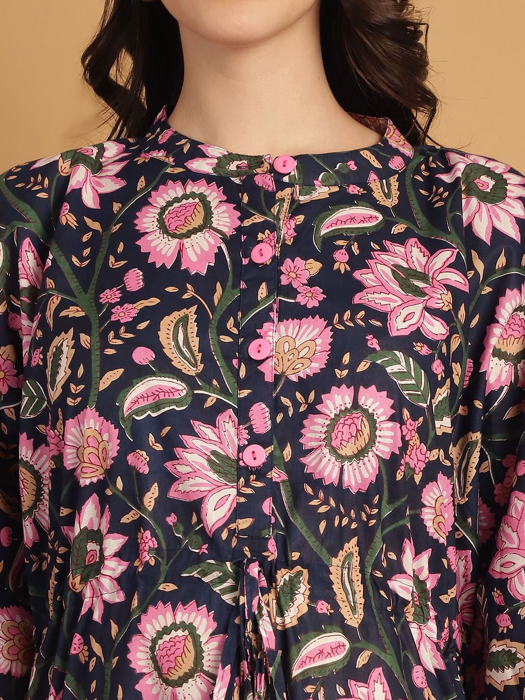 Navy Blue Floral Print Cotton Maternity Kaftan Nighty