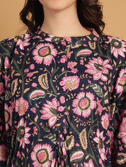 Navy Blue Floral Print Cotton Maternity Kaftan Nighty