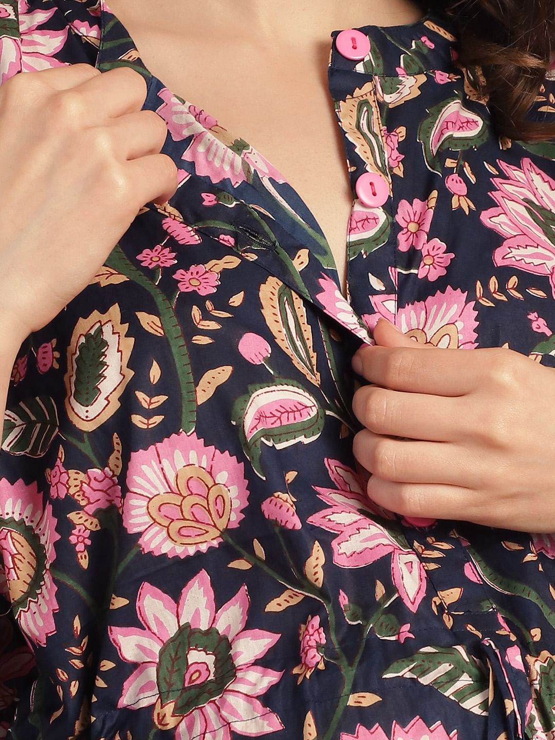 Navy Blue Floral Print Cotton Maternity Kaftan Nighty