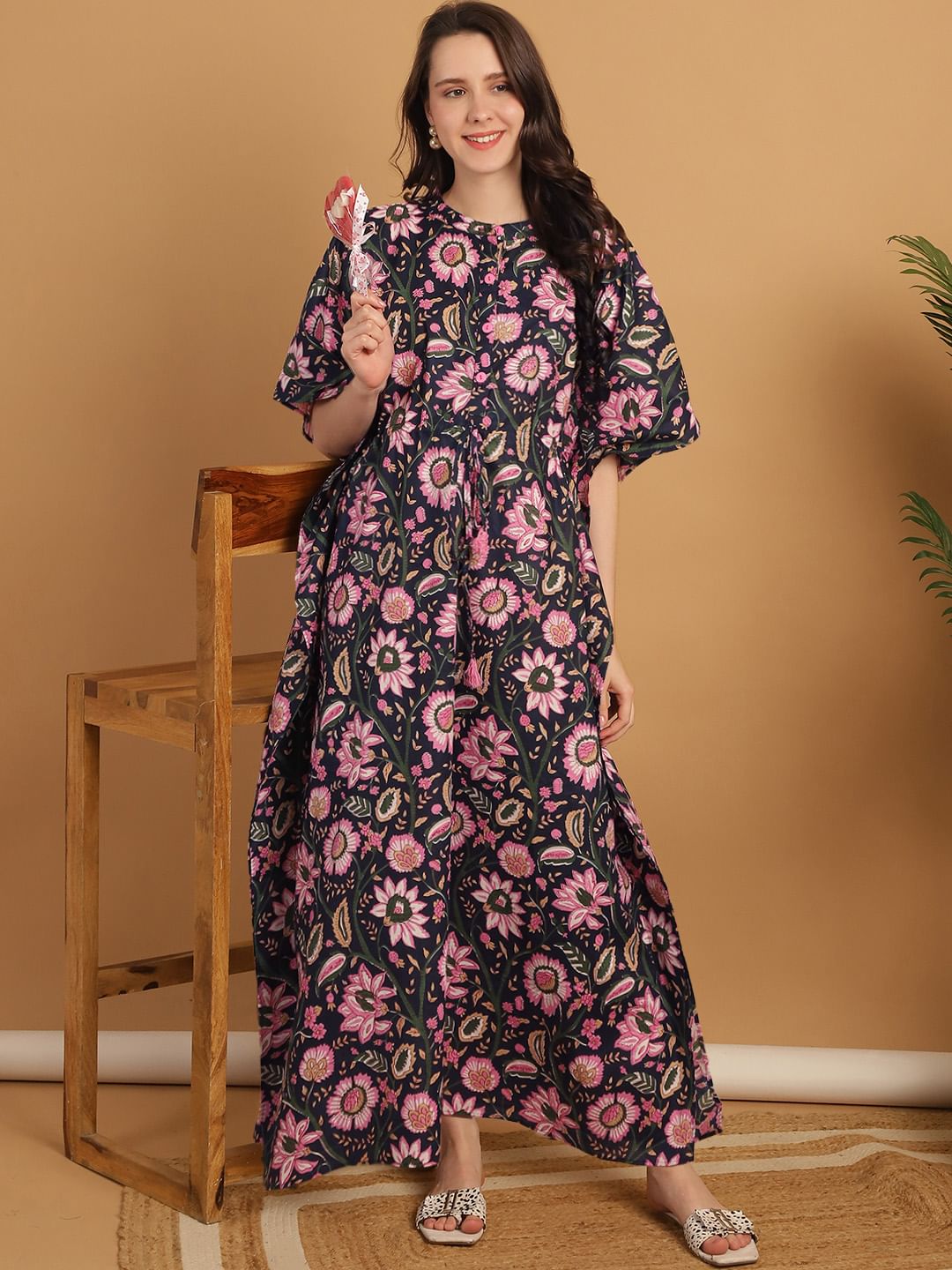 Navy Blue Floral Print Cotton Maternity Kaftan Nighty