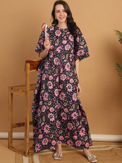 Navy Blue Floral Print Cotton Maternity Kaftan Nighty