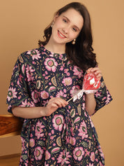 Navy Blue Floral Print Cotton Maternity Kaftan Nighty