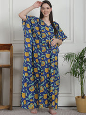 Floral Print Dark Blue Cotton Maternity Kaftan Nighty