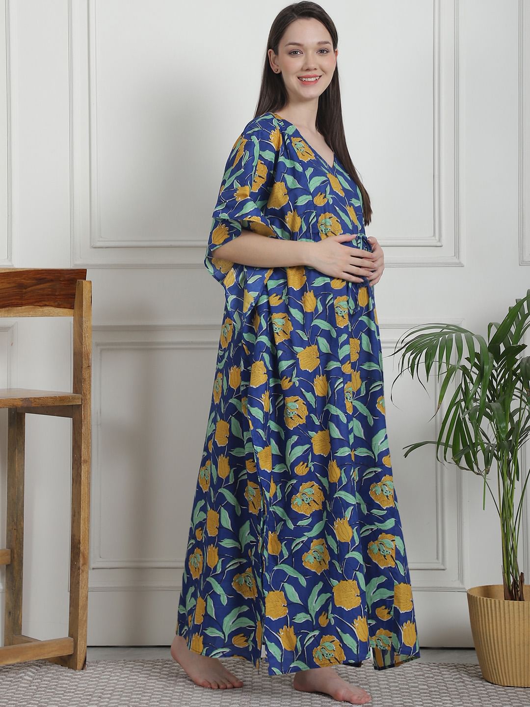 Floral Print Dark Blue Cotton Maternity Kaftan Nighty