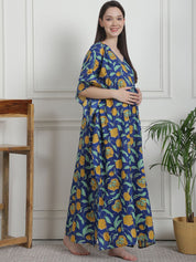Floral Print Dark Blue Cotton Maternity Kaftan Nighty