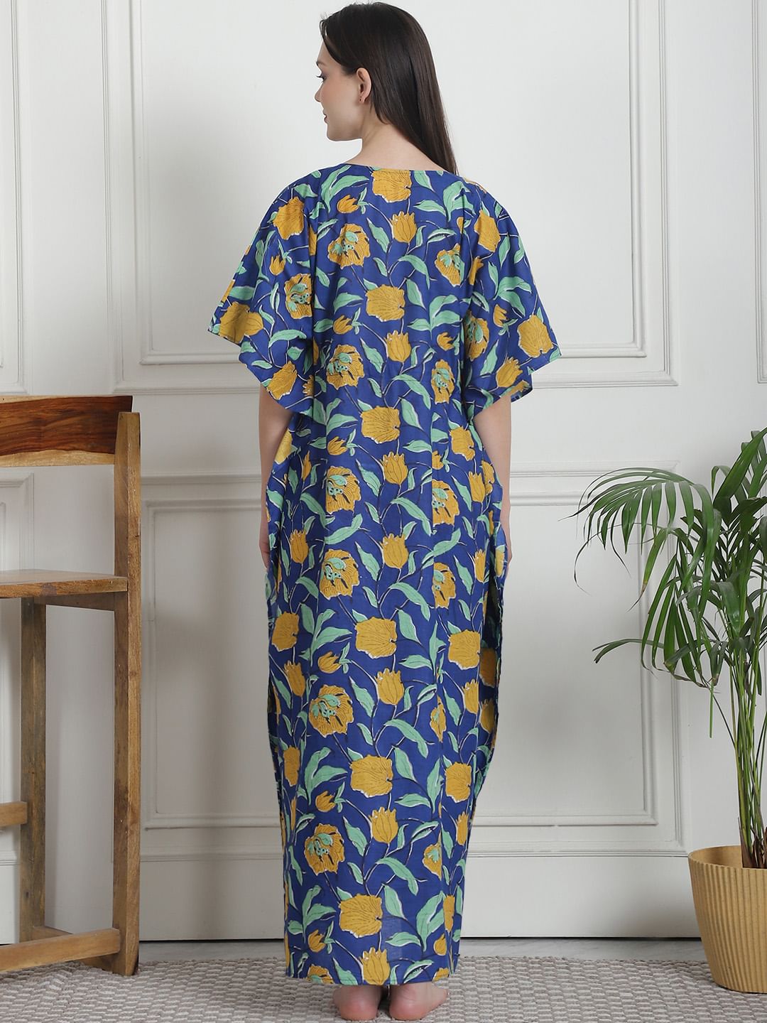 Floral Print Dark Blue Cotton Maternity Kaftan Nighty