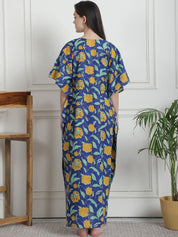 Floral Print Dark Blue Cotton Maternity Kaftan Nighty