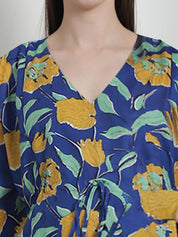 Floral Print Dark Blue Cotton Maternity Kaftan Nighty