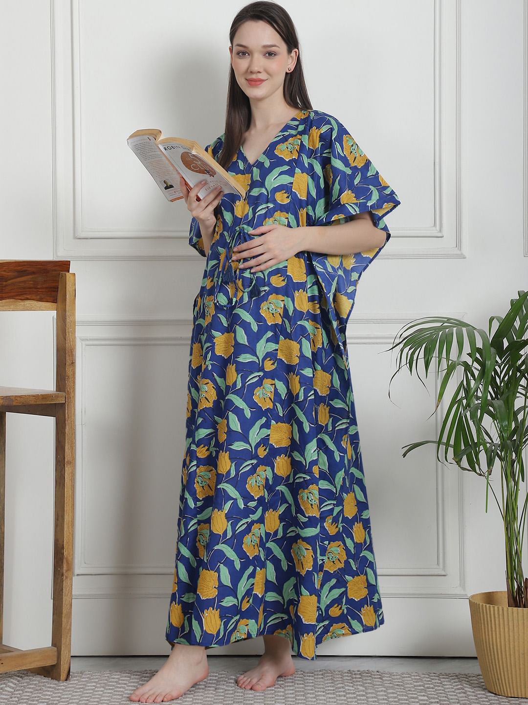Floral Print Dark Blue Cotton Maternity Kaftan Nighty