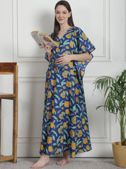 Floral Print Dark Blue Cotton Maternity Kaftan Nighty