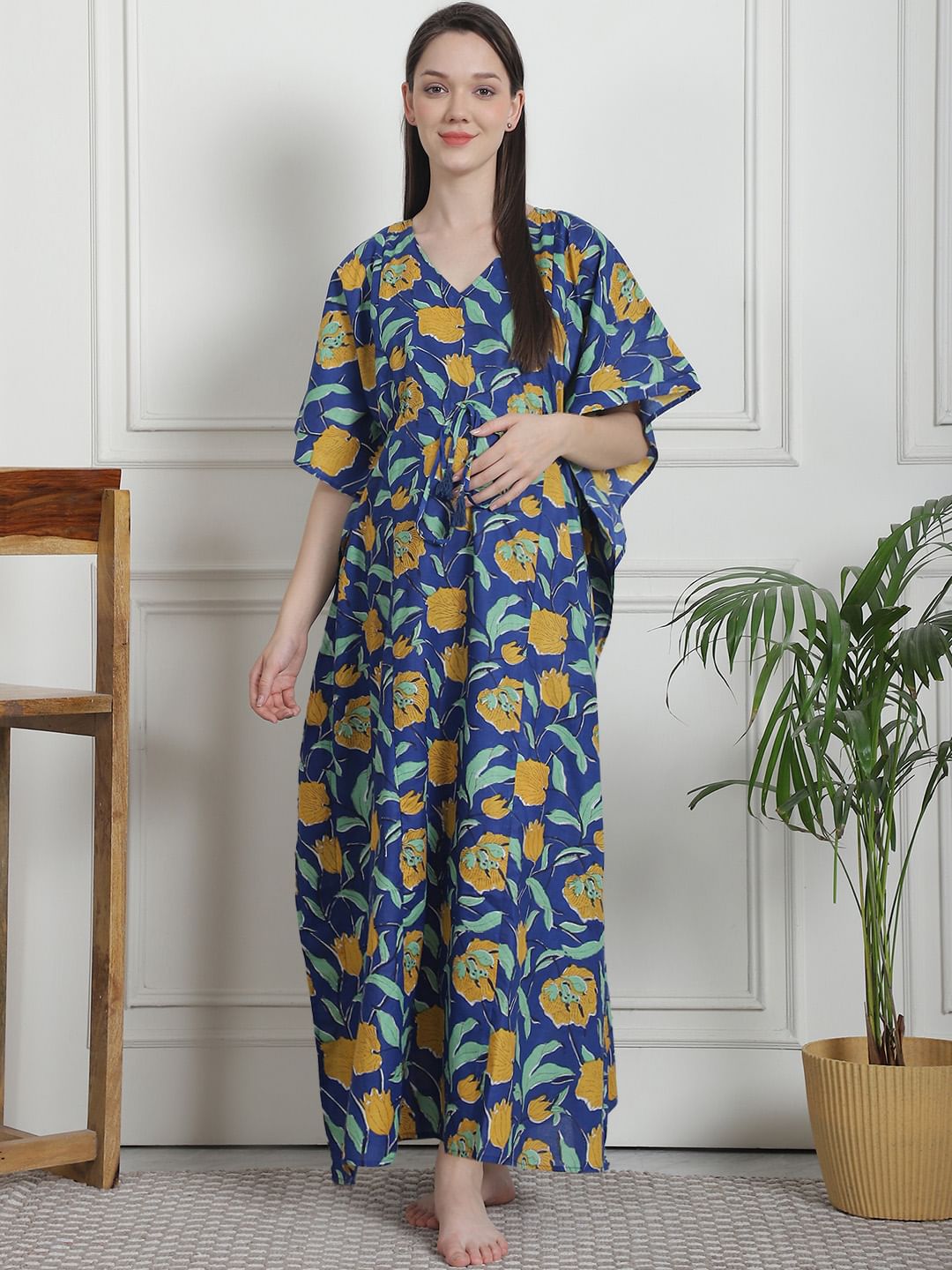Floral Print Dark Blue Cotton Maternity Kaftan Nighty