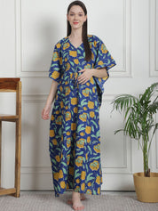 Floral Print Dark Blue Cotton Maternity Kaftan Nighty