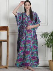 Floral Print Blue Cotton Maternity Kaftan Nighty