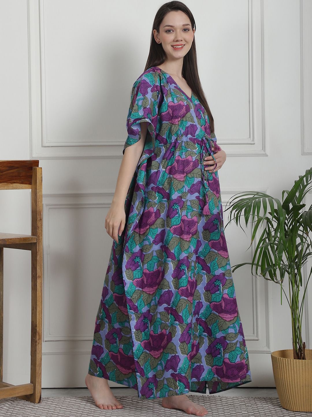 Floral Print Blue Cotton Maternity Kaftan Nighty