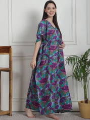 Floral Print Blue Cotton Maternity Kaftan Nighty