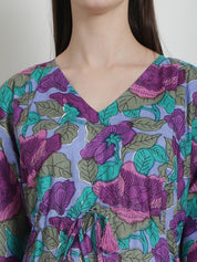 Floral Print Blue Cotton Maternity Kaftan Nighty