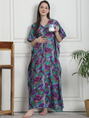 Floral Print Blue Cotton Maternity Kaftan Nighty