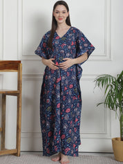 Floral Print Dark Blue Cotton Maternity Kaftan Nighty