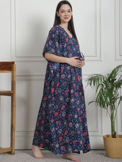 Floral Print Dark Blue Cotton Maternity Kaftan Nighty