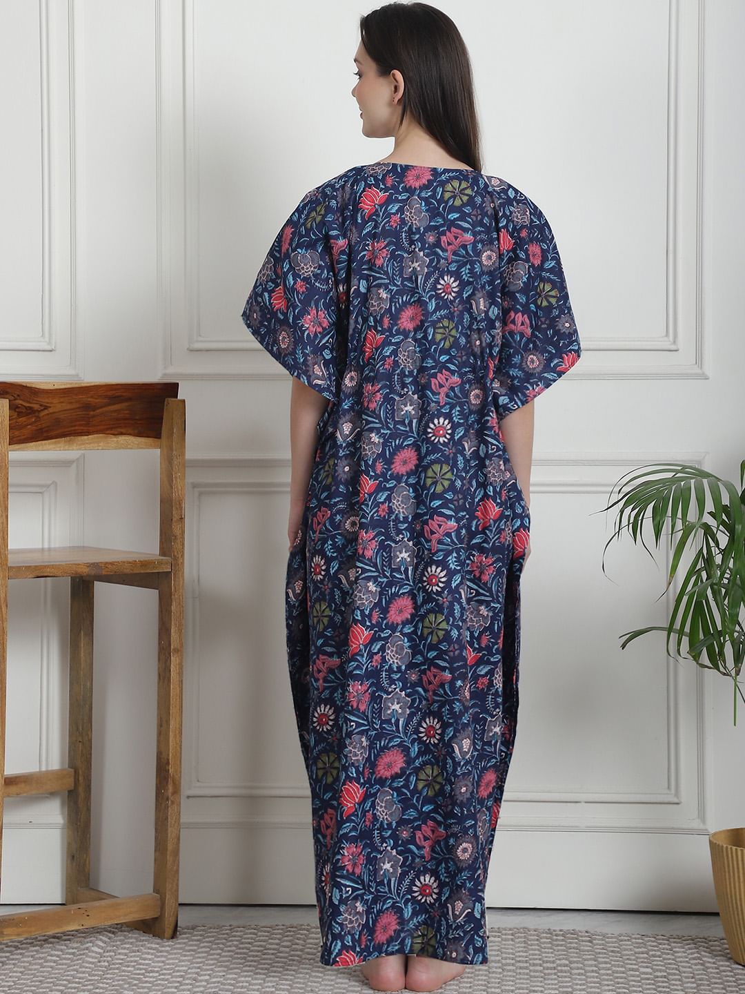 Floral Print Dark Blue Cotton Maternity Kaftan Nighty