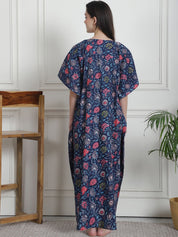 Floral Print Dark Blue Cotton Maternity Kaftan Nighty
