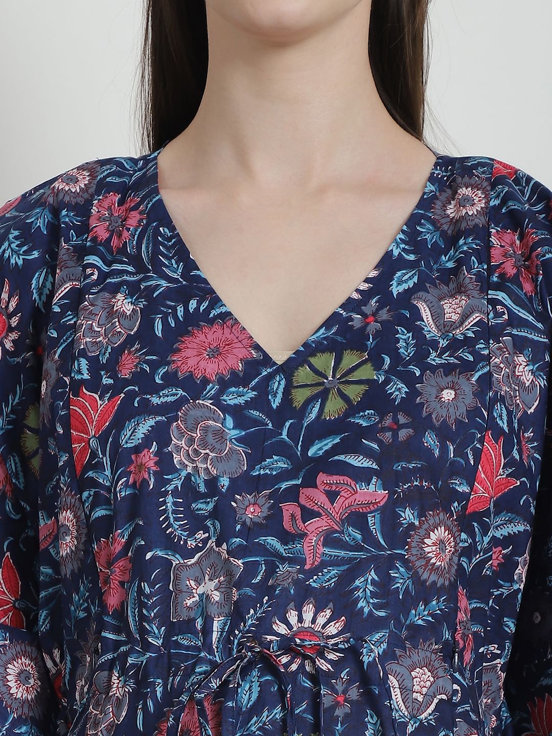 Floral Print Dark Blue Cotton Maternity Kaftan Nighty