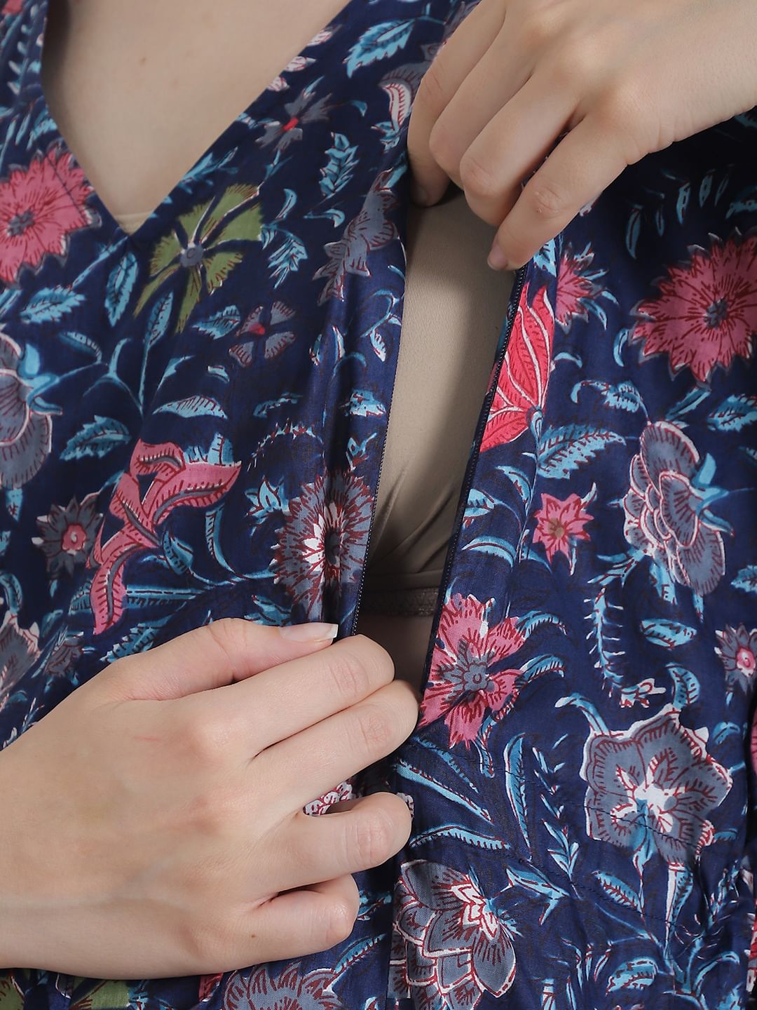 Floral Print Dark Blue Cotton Maternity Kaftan Nighty
